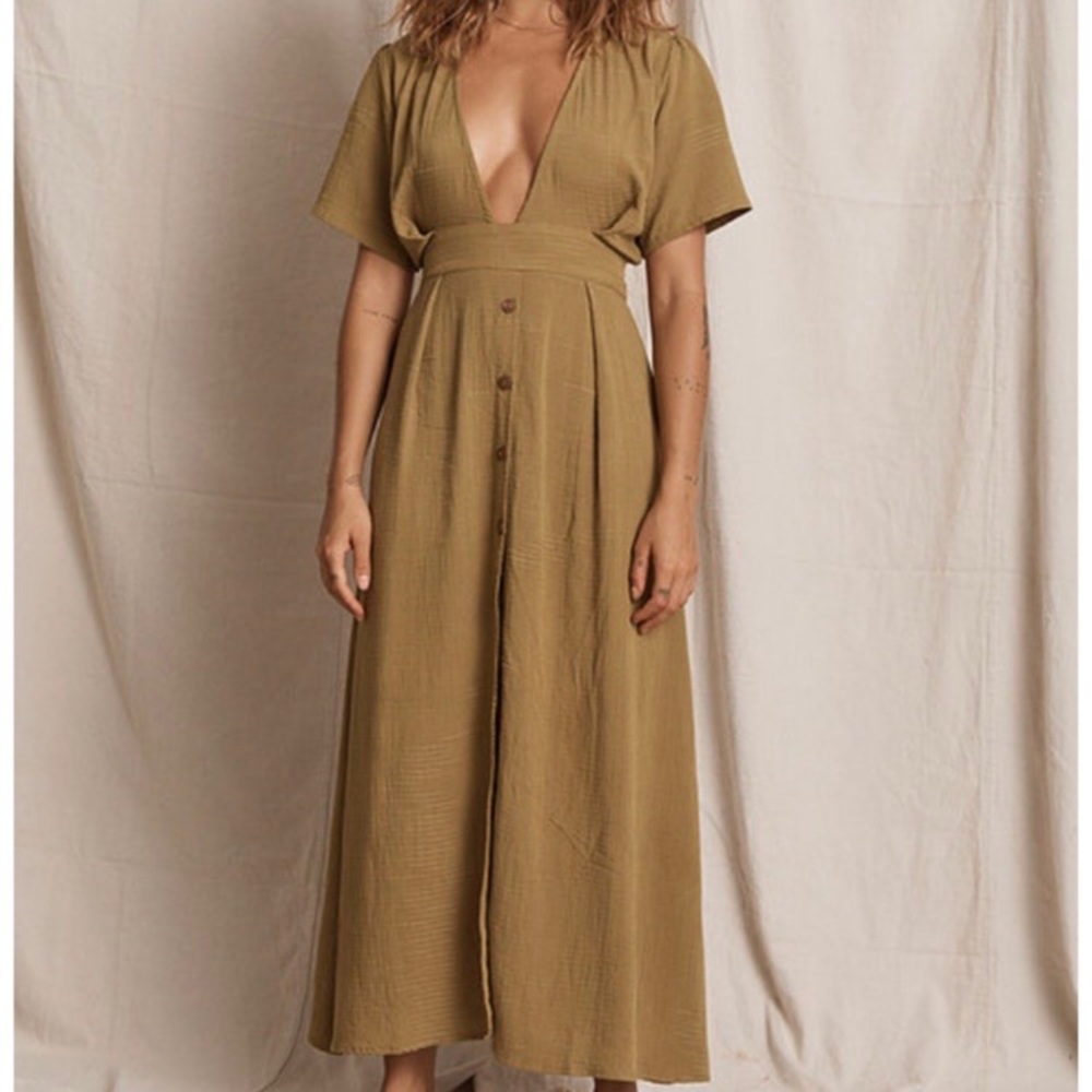 Opia Olive Green Maxi Dress with Button Front